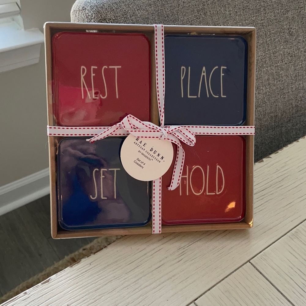 Rae Dunn set of 4 coasters (blue & red)
